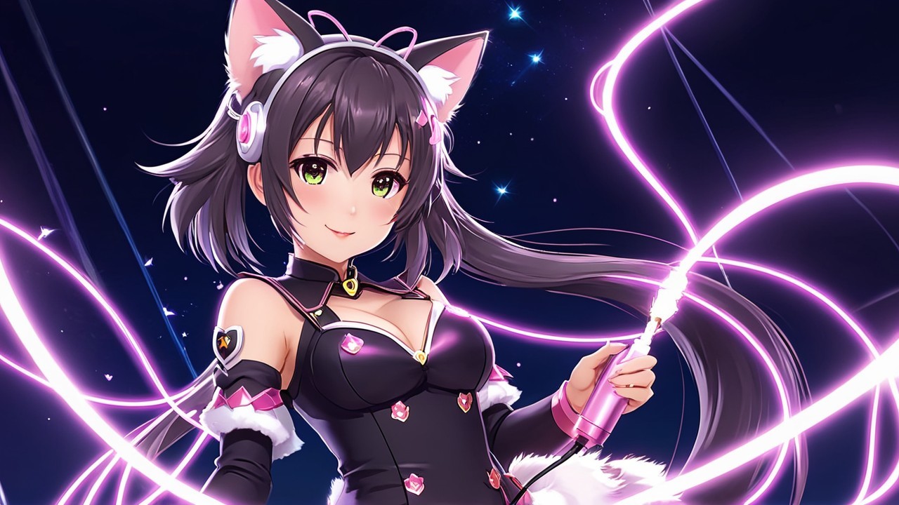 Vibrant Anime Character with Cat Ears and Energy Ribbons