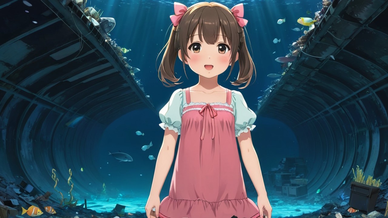 Young girl in serene underwater scene with fish