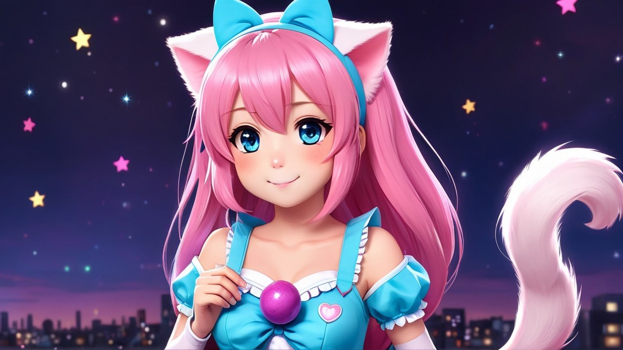 Vibrant anime character with pink hair and cat ears