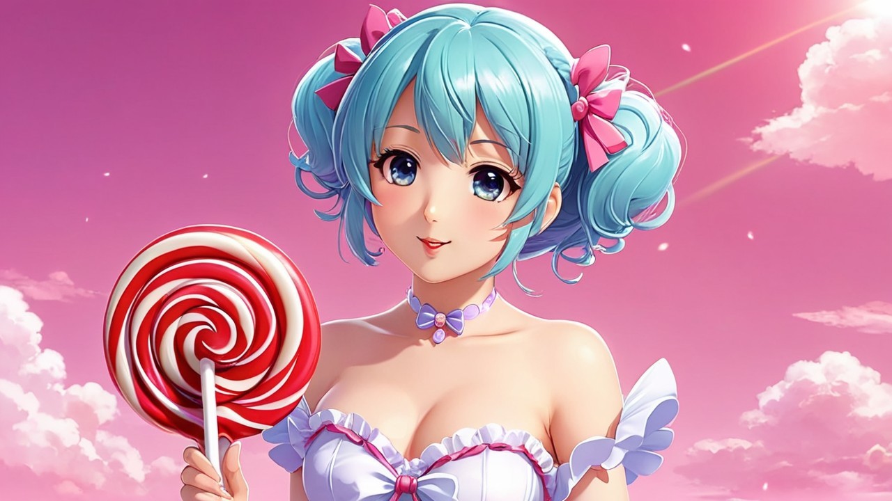 Cheerful anime girl with blue twin tails and lollipop