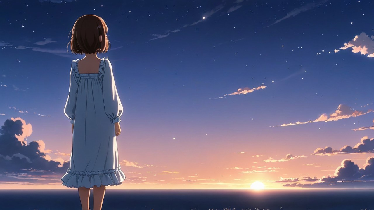 Young girl at shore during vibrant sunset colors