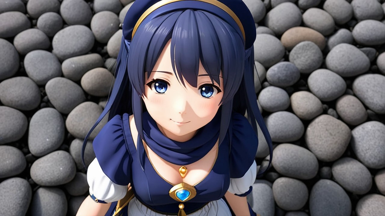 Young woman with blue hair in serene pebble setting