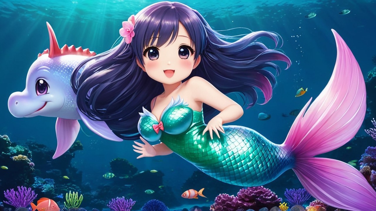 Colorful Underwater Scene with Mermaid and Dolphin