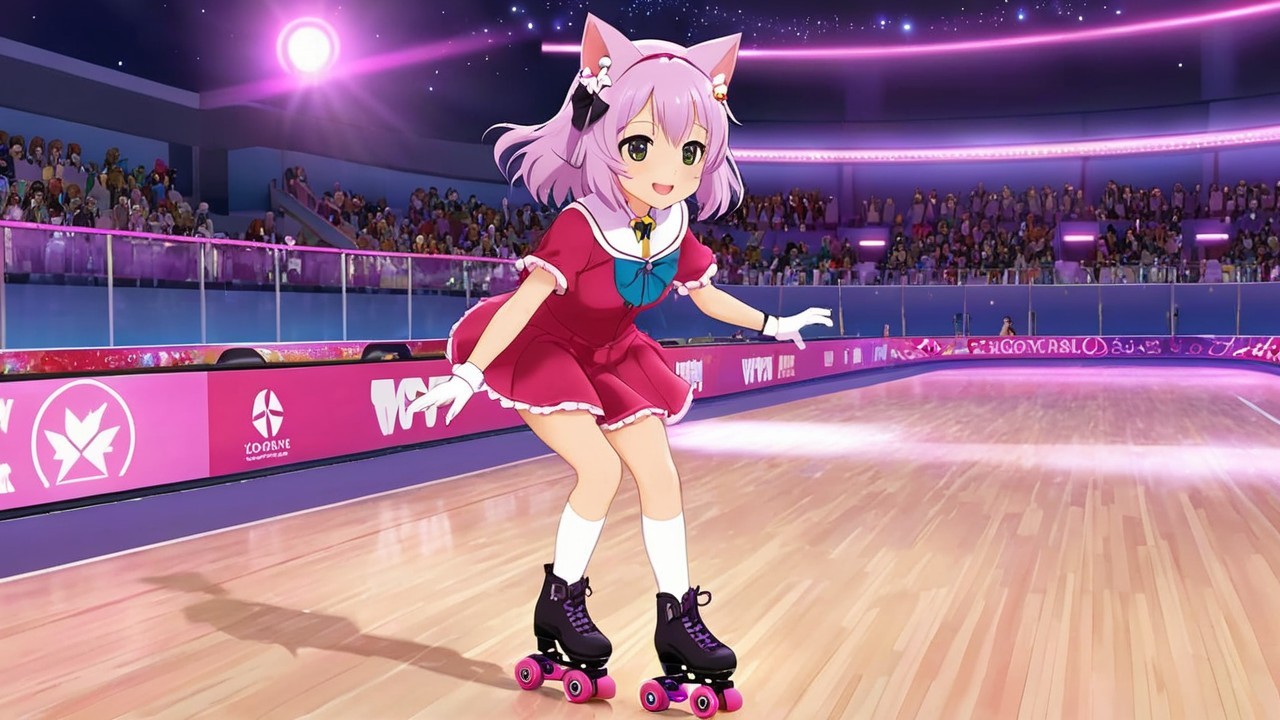 Cheerful Anime Character on Roller Skates in Colorful Rink