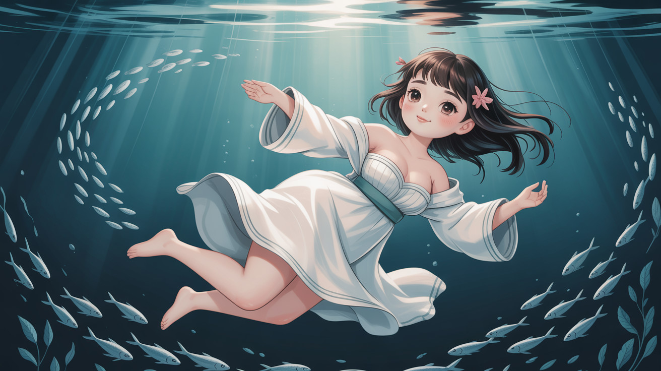 Anime-style illustration of a girl swimming underwater