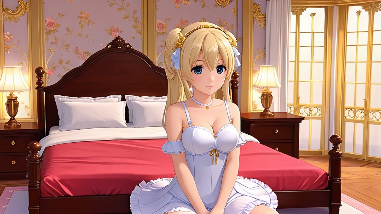 Young Woman in White Nightgown in Elegant Bedroom