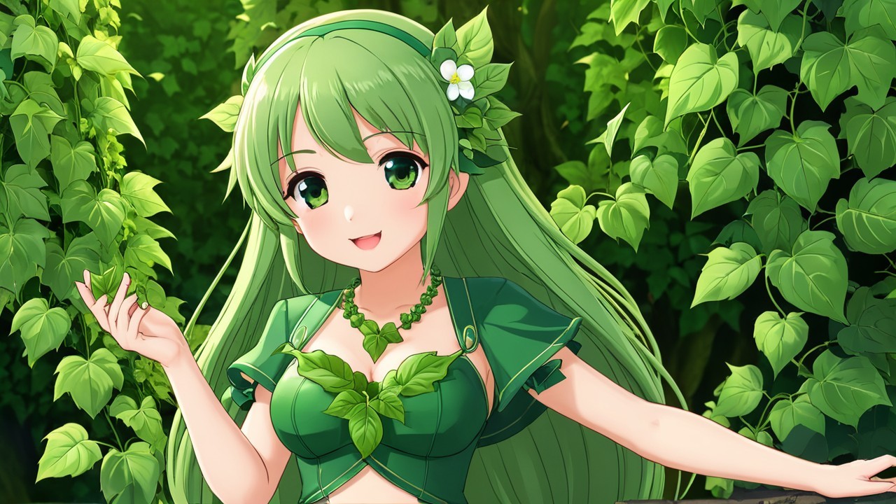 Cheerful girl with green hair in lush foliage setting