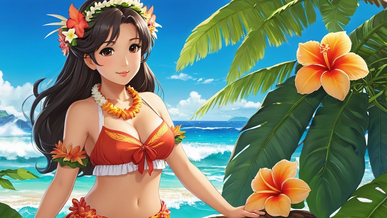 Cheerful Woman in Tropical Setting with Floral Bikini