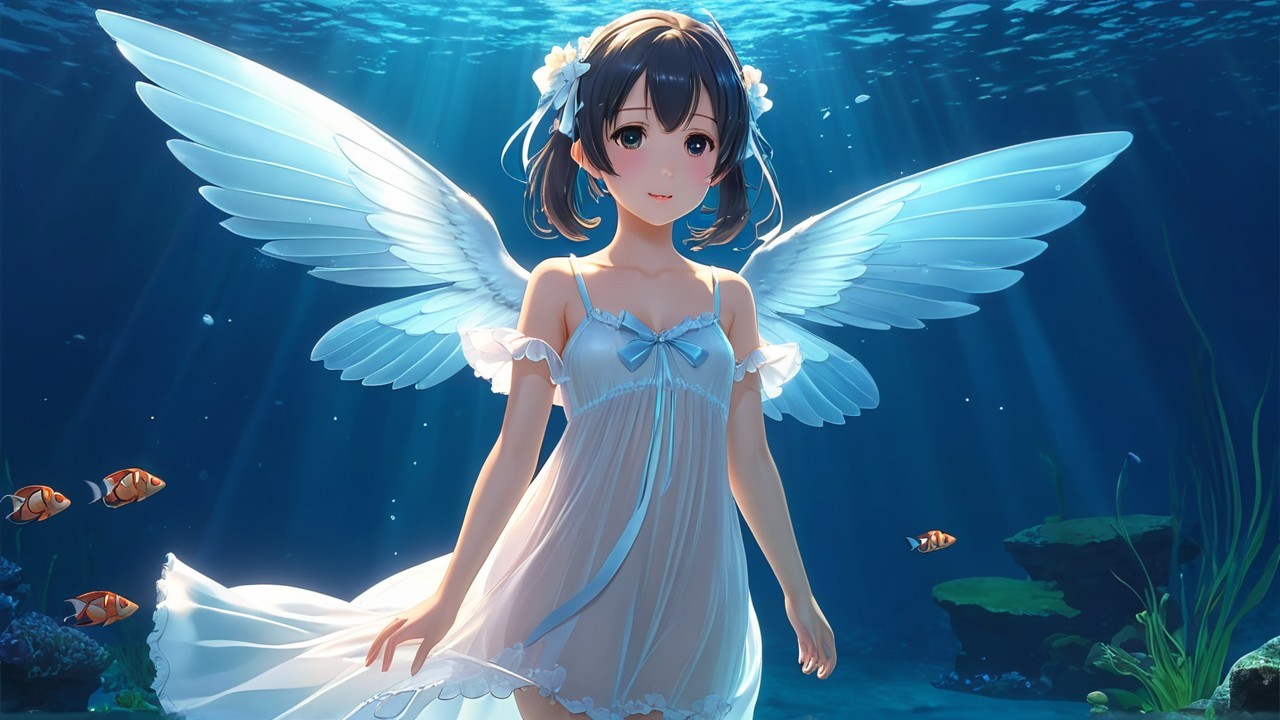 Underwater Scene of a Girl with Angelic Wings