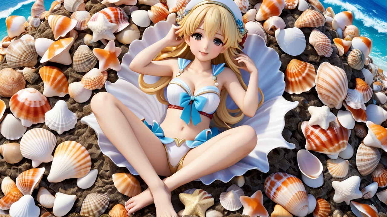 Anime Character in Seashell on Sandy Beach