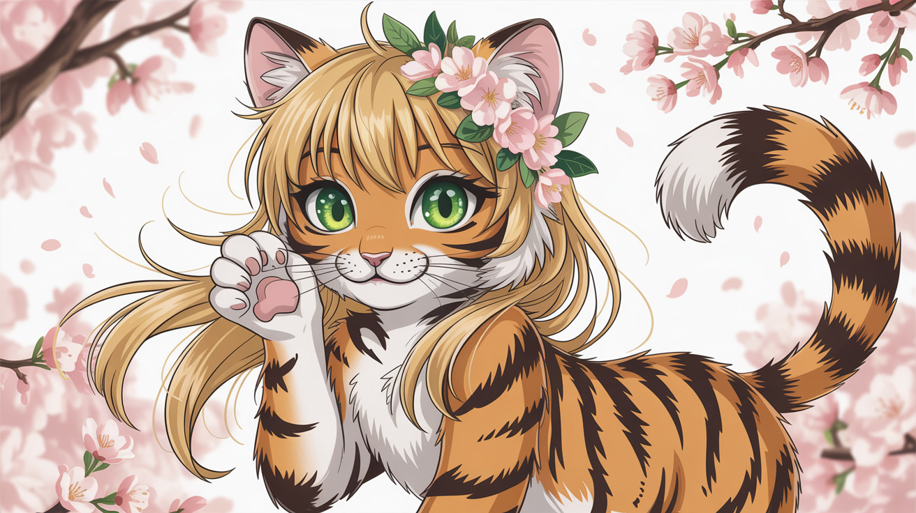 Cat Girl with Tiger Features in Cherry Blossom Field