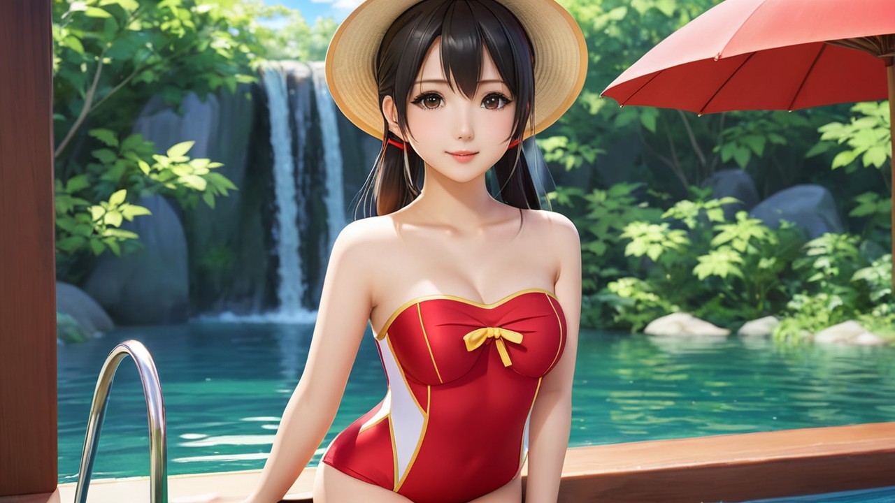 Young Woman in Red Swimsuit by Serene Poolside