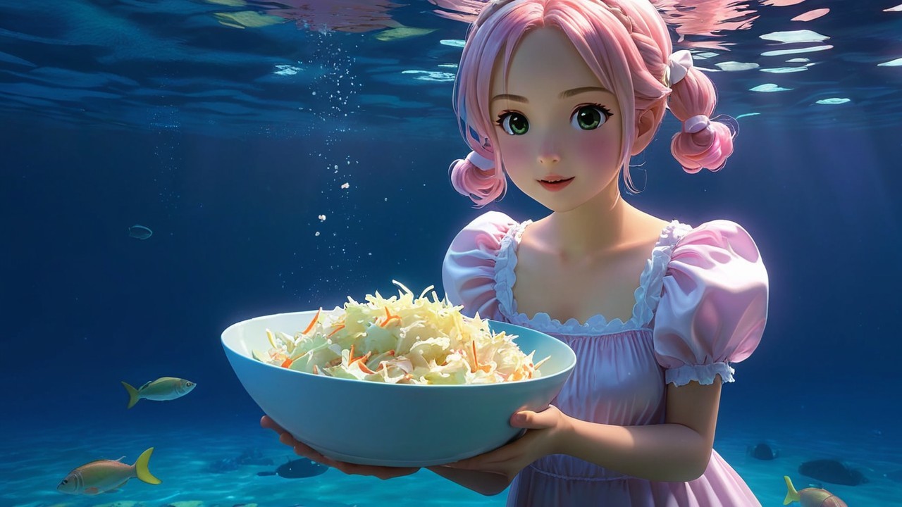 Underwater Scene with Cheerful Character and Salad