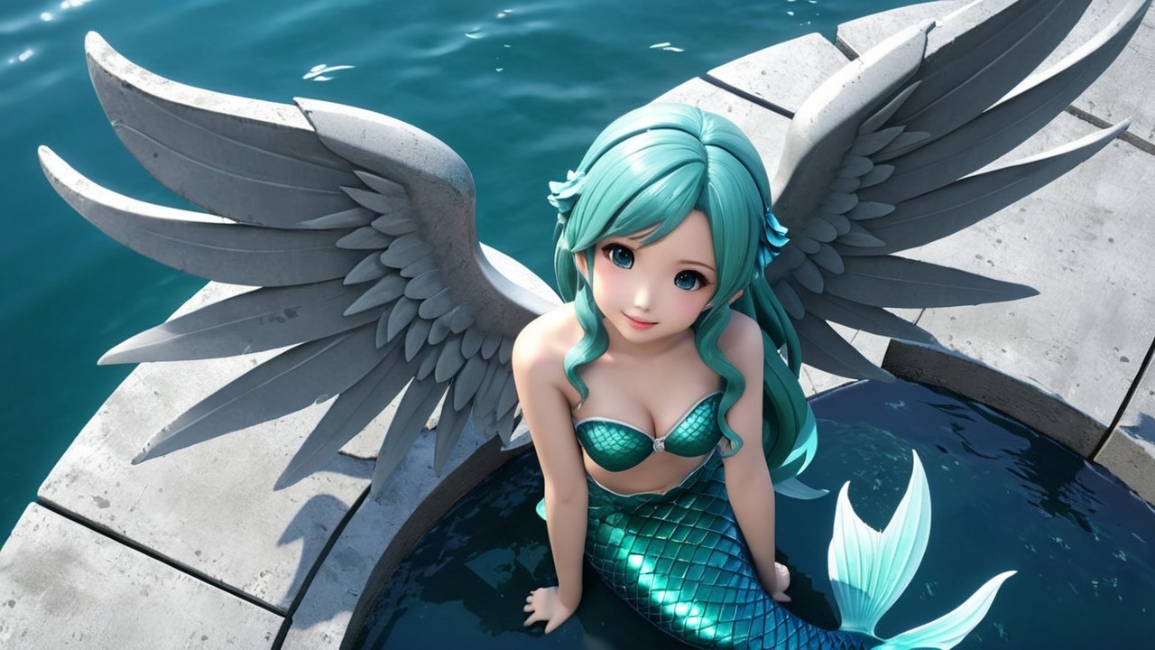 Colorful Mermaid with Turquoise Hair and Angelic Wings