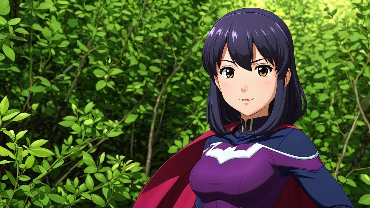 Young woman in vibrant purple outfit in lush nature