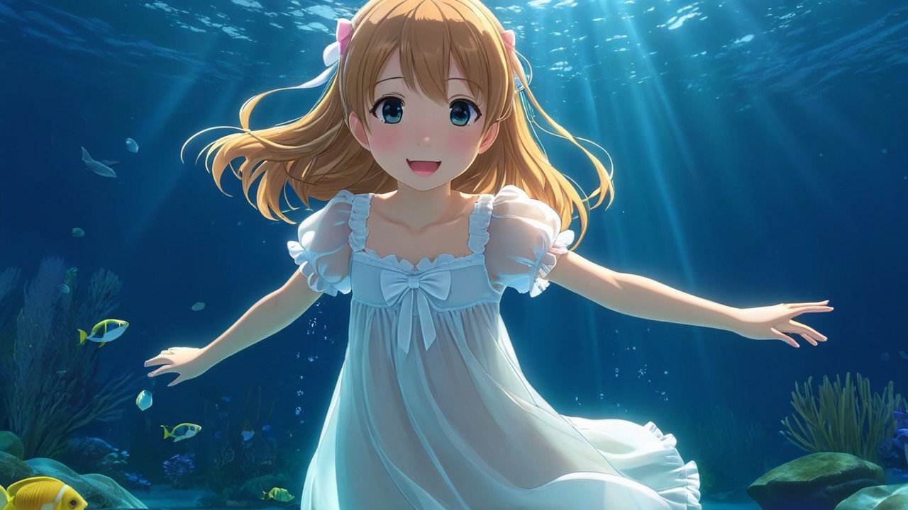 Charming Anime Girl Swimming in Vibrant Underwater Scene
