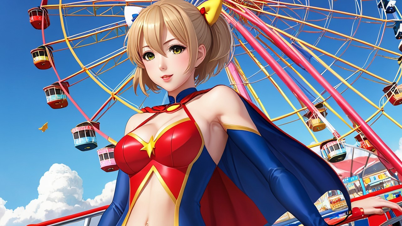 Confident Young Woman in Superhero Costume at Fair