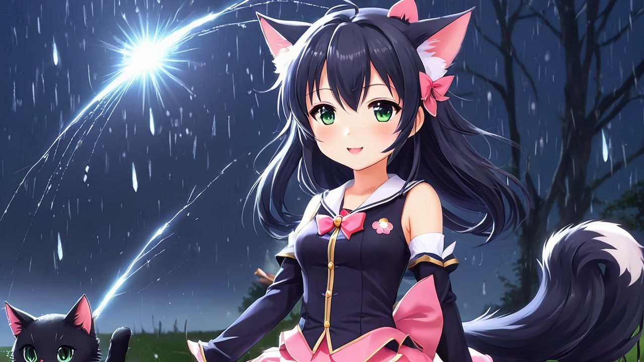 Whimsical Anime Character Under Starry Sky with Cat