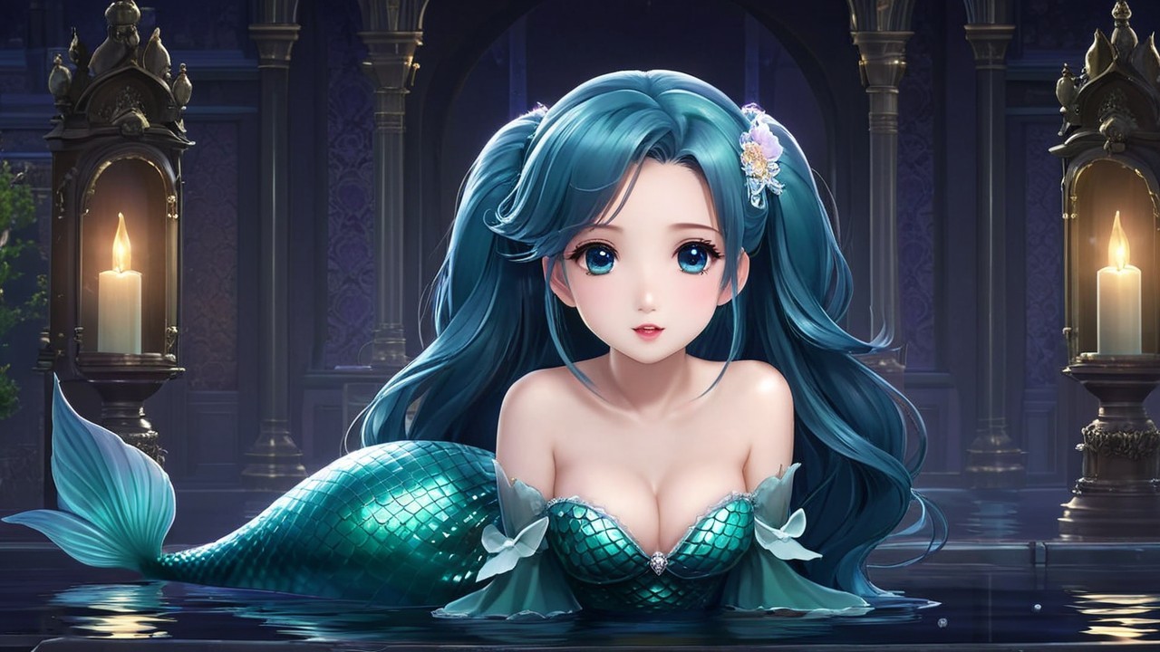 Underwater Scene with Mermaid and Mystical Architecture
