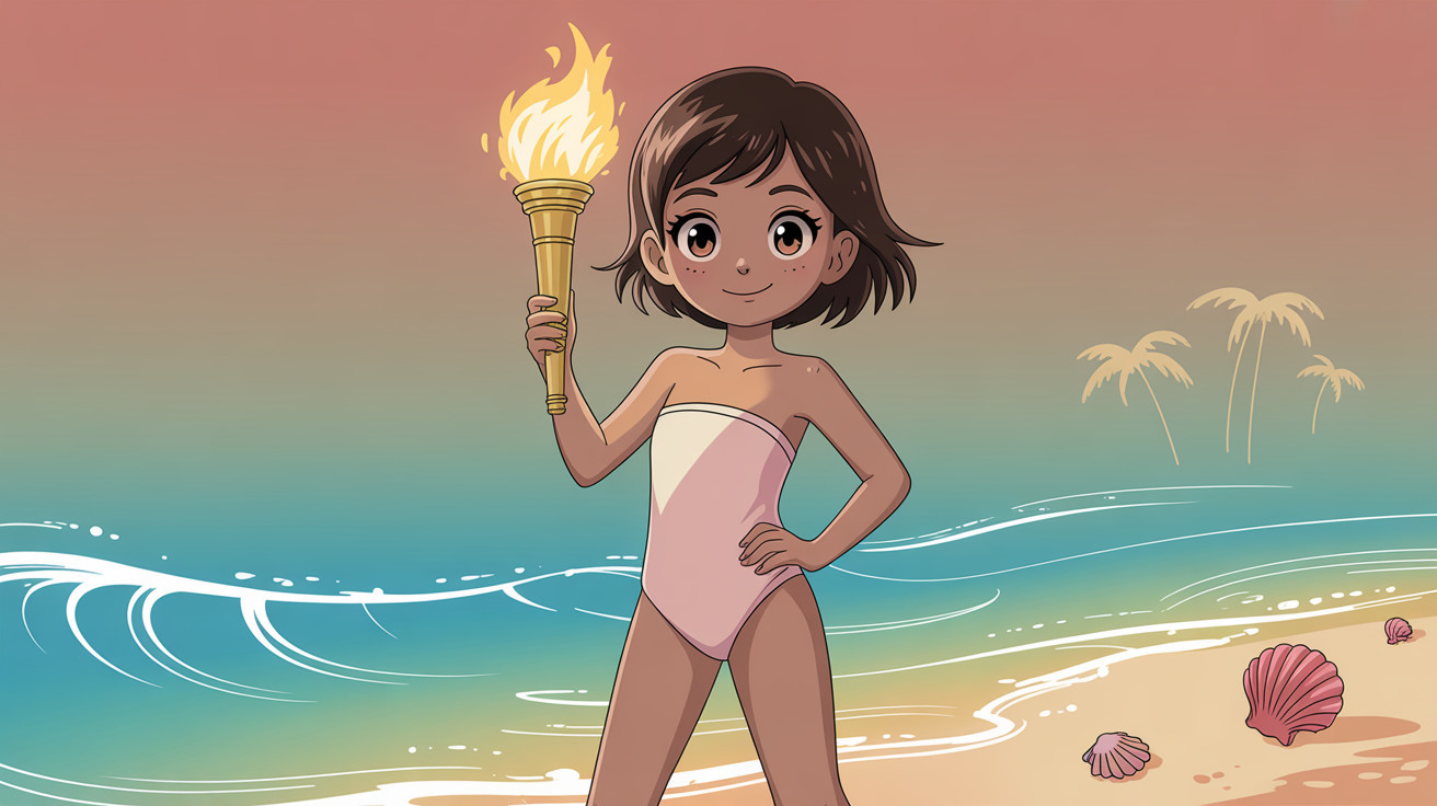 Cartoon Girl with Tanned Skin and Short Brown Hair