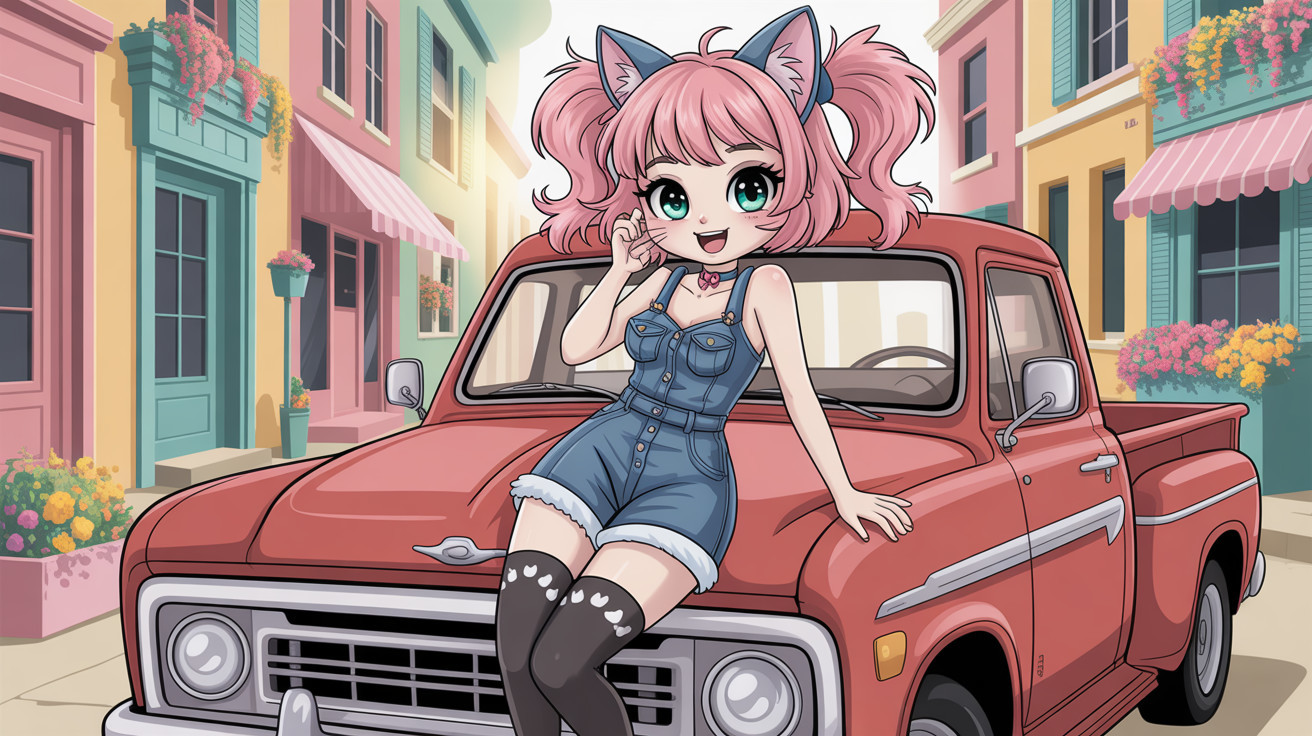 Pink-haired anime girl in denim romper by truck