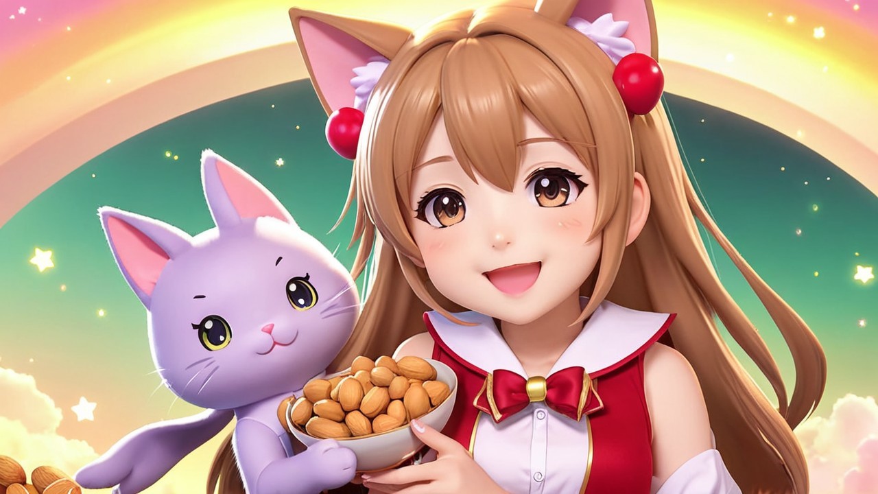 Cheerful girl with cat ears and a playful purple cat