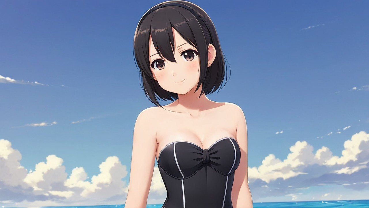 Young Woman in Black Swimsuit at Sunny Seashore