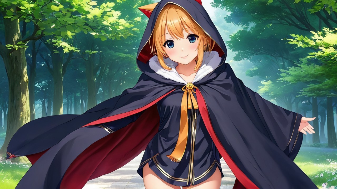Cheerful character in a vibrant forest with cat ears