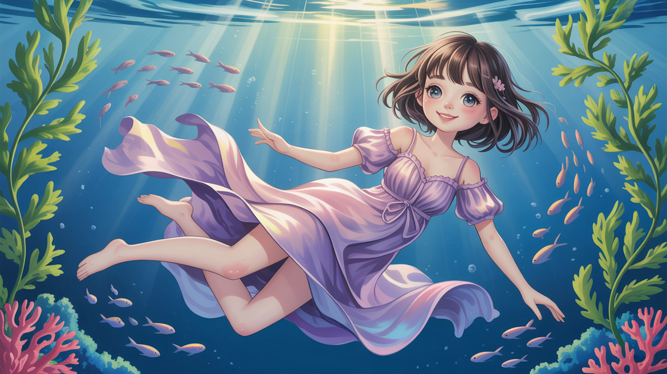 Anime girl in lavender dress swimming in ocean