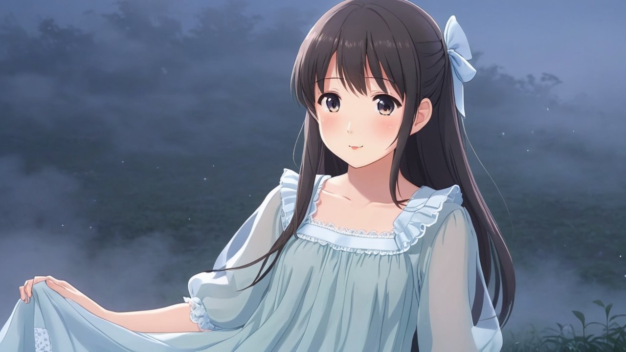 Serene Night Scene of a Girl in Light Blue Nightgown
