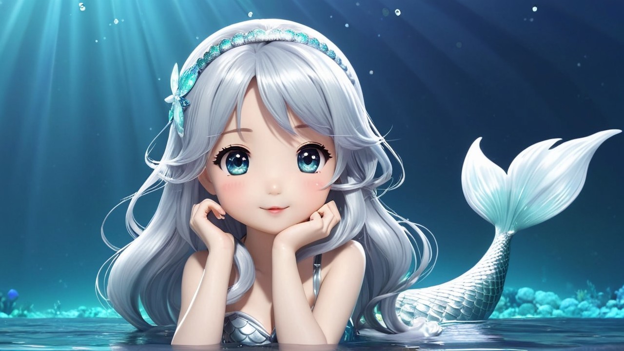 Charming Mermaid with Silver Hair in Underwater Scene