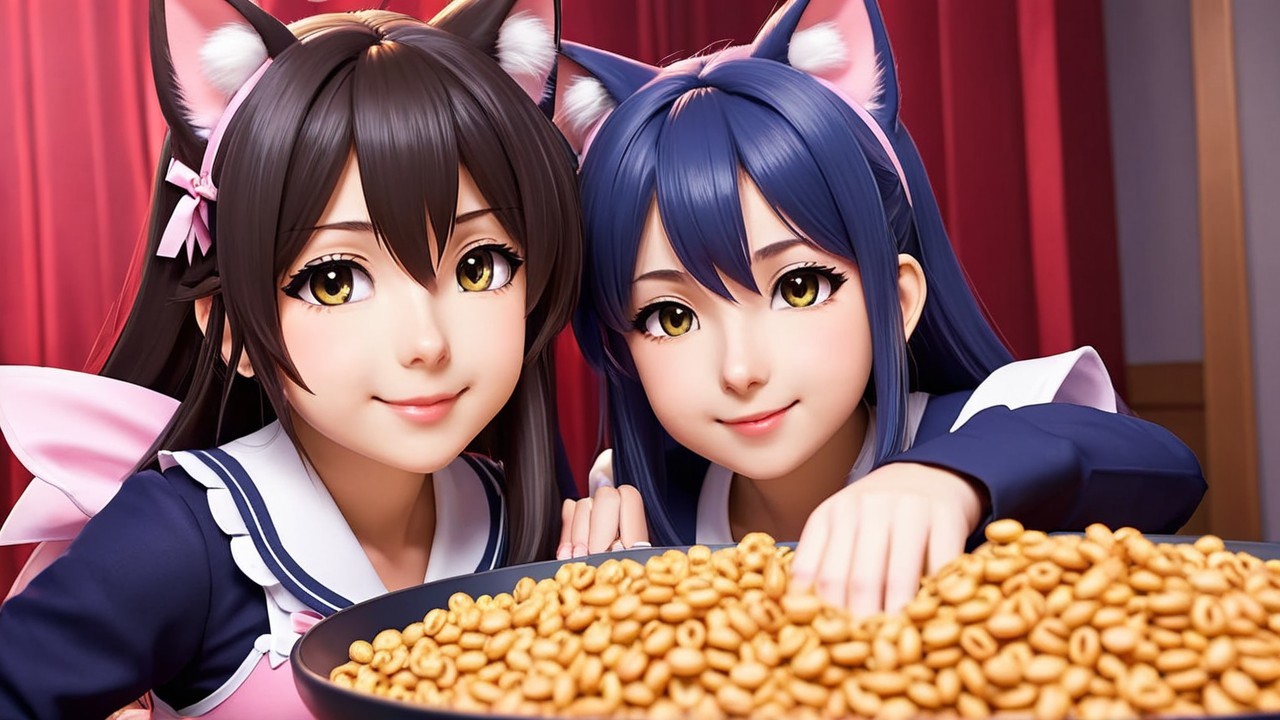 Animated Cat-Eared Characters in Cozy Setting