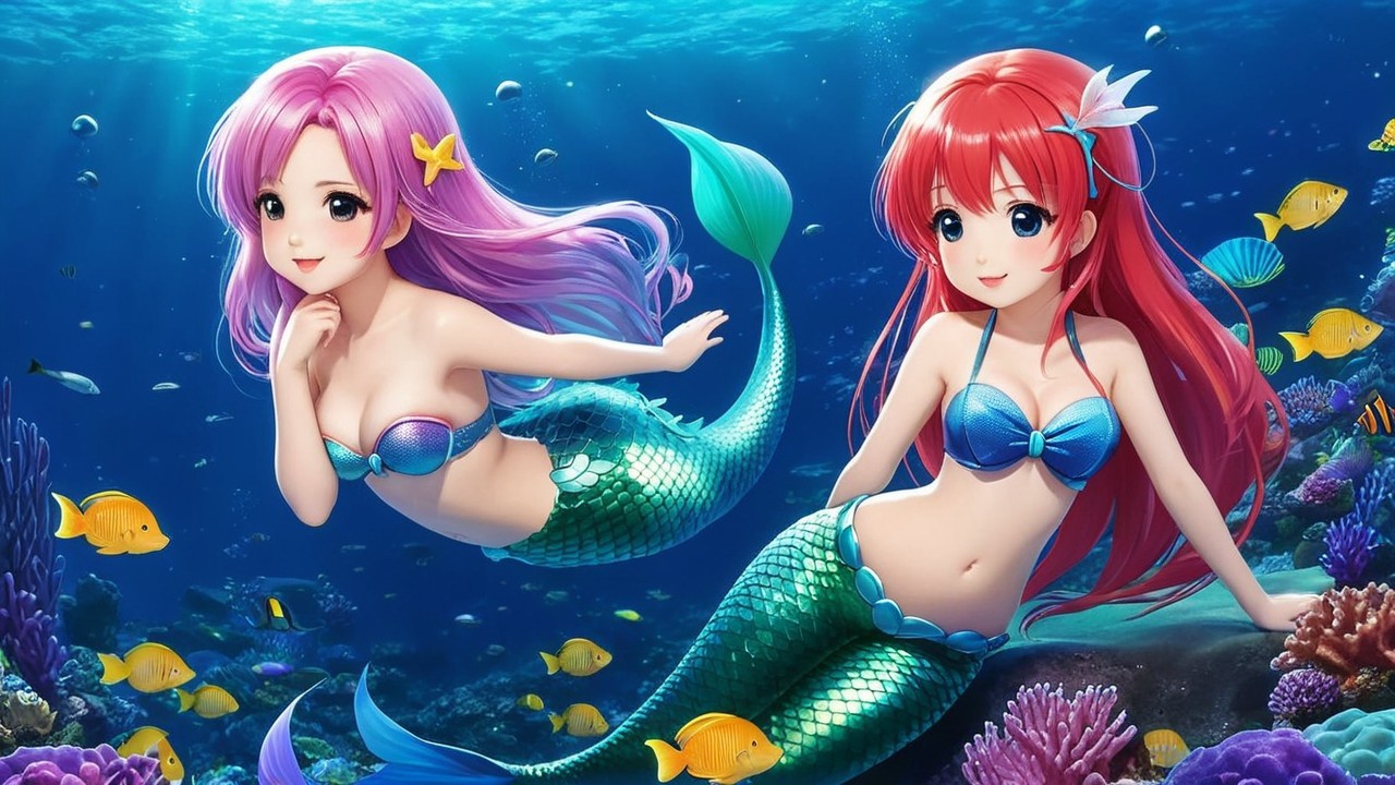 Vibrant Mermaids Swimming in a Colorful Underwater Scene