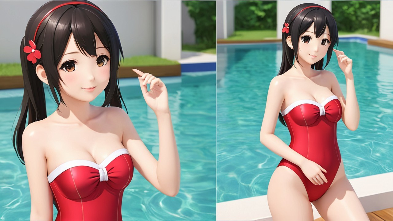 Young woman in red swimsuit by a sunny poolside