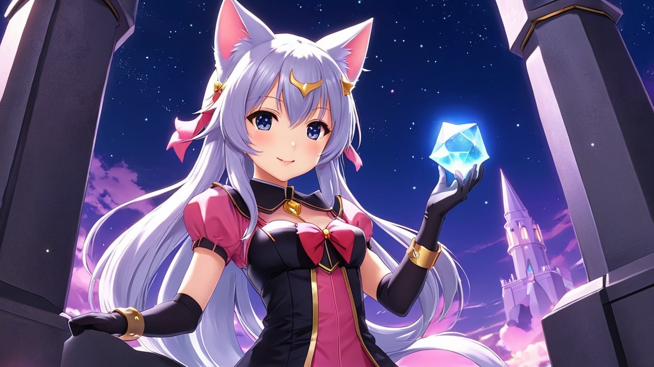 Silver-haired character with cat ears in twilight scene