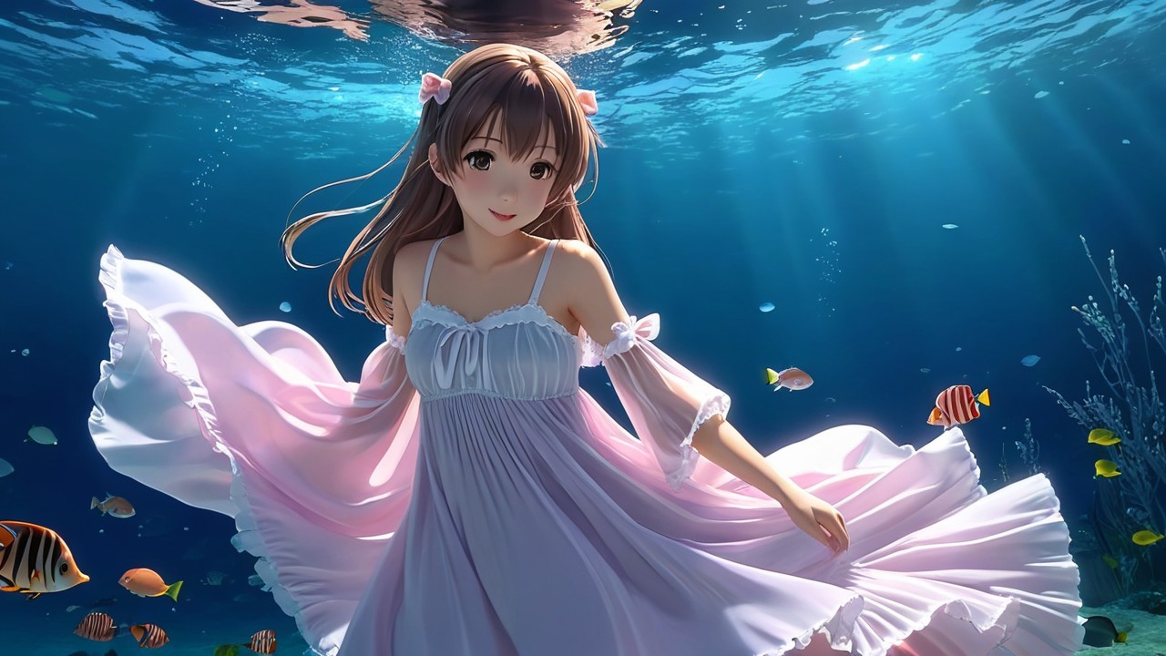 Young girl swimming in pink dress underwater with fish