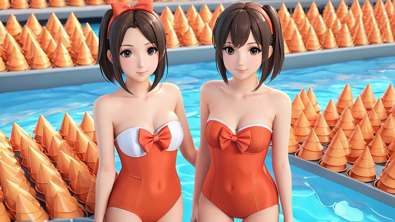Animated Girls in Matching Swimsuits with Ice Cream Scene