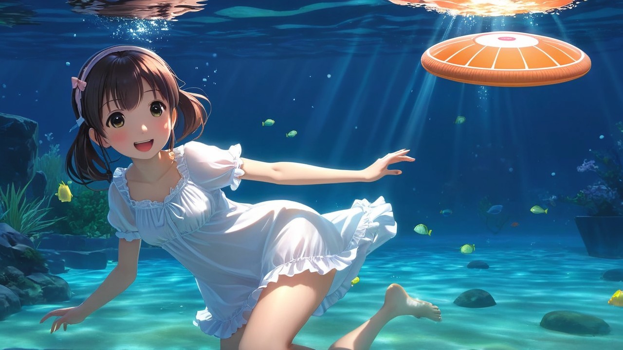 Underwater Scene with Girl, Fish, and Glowing Object