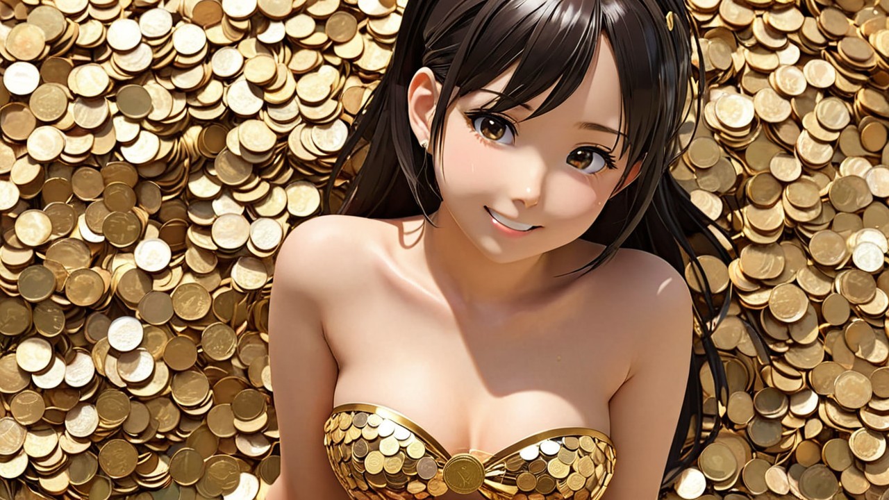 Anime Character Surrounded by Gold Coins in Fantasy Setting