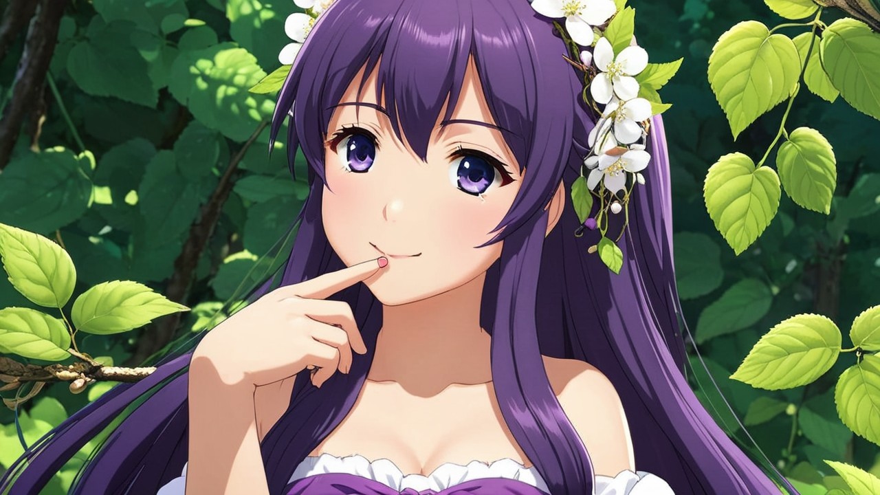 Young woman with purple hair and violet eyes in nature