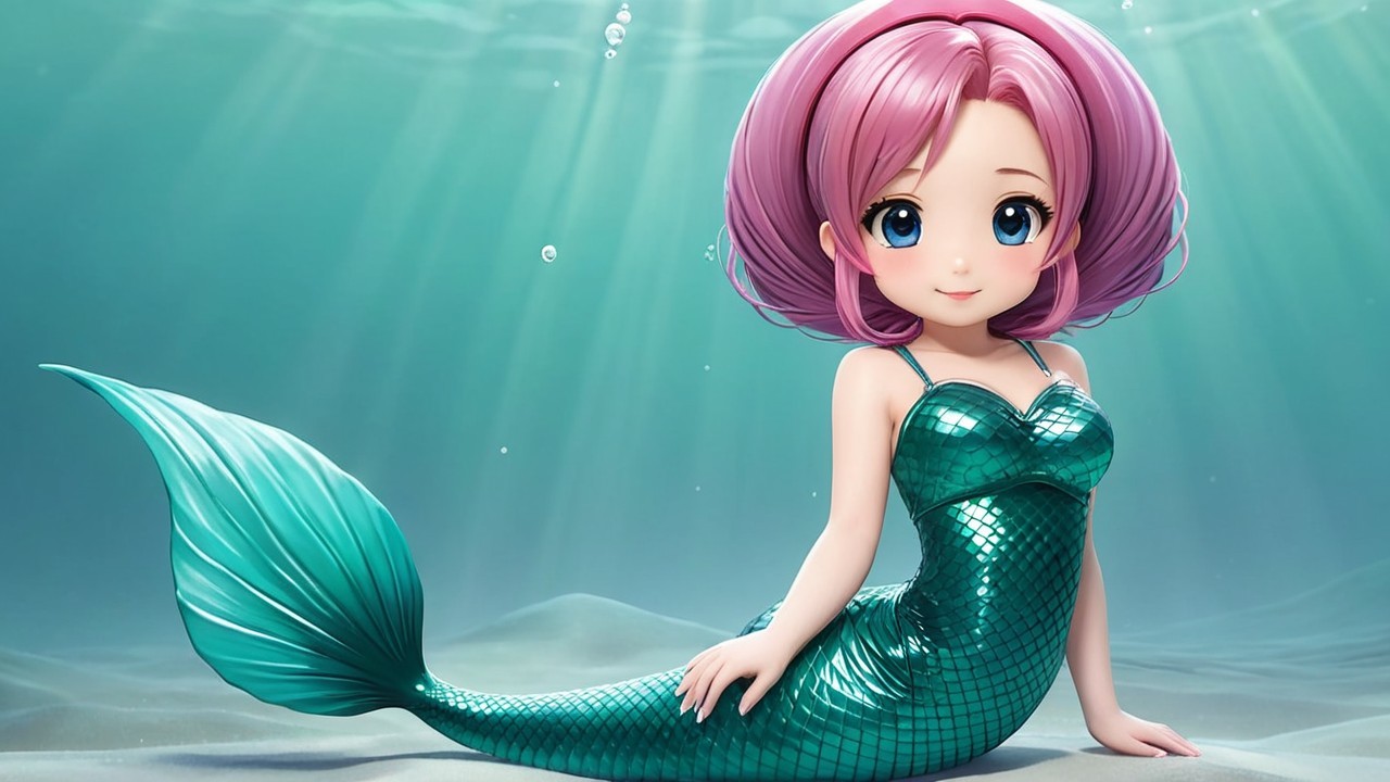 Whimsical Cartoon Mermaid in Enchanting Underwater Scene