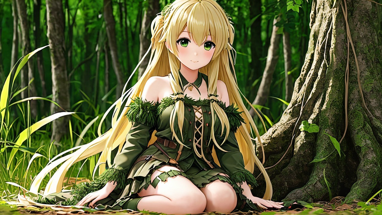 Anime Character in Lush Forest with Nature Outfit