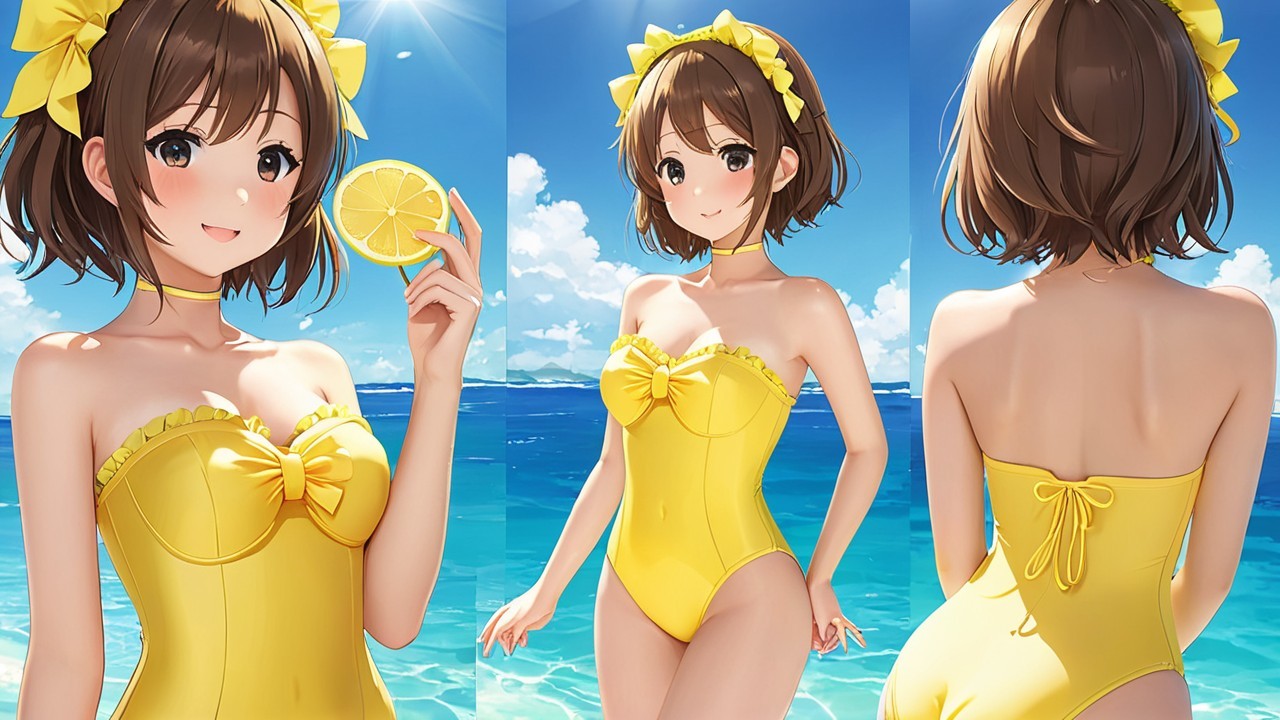 Cheerful Character in Yellow Swimsuit by the Ocean