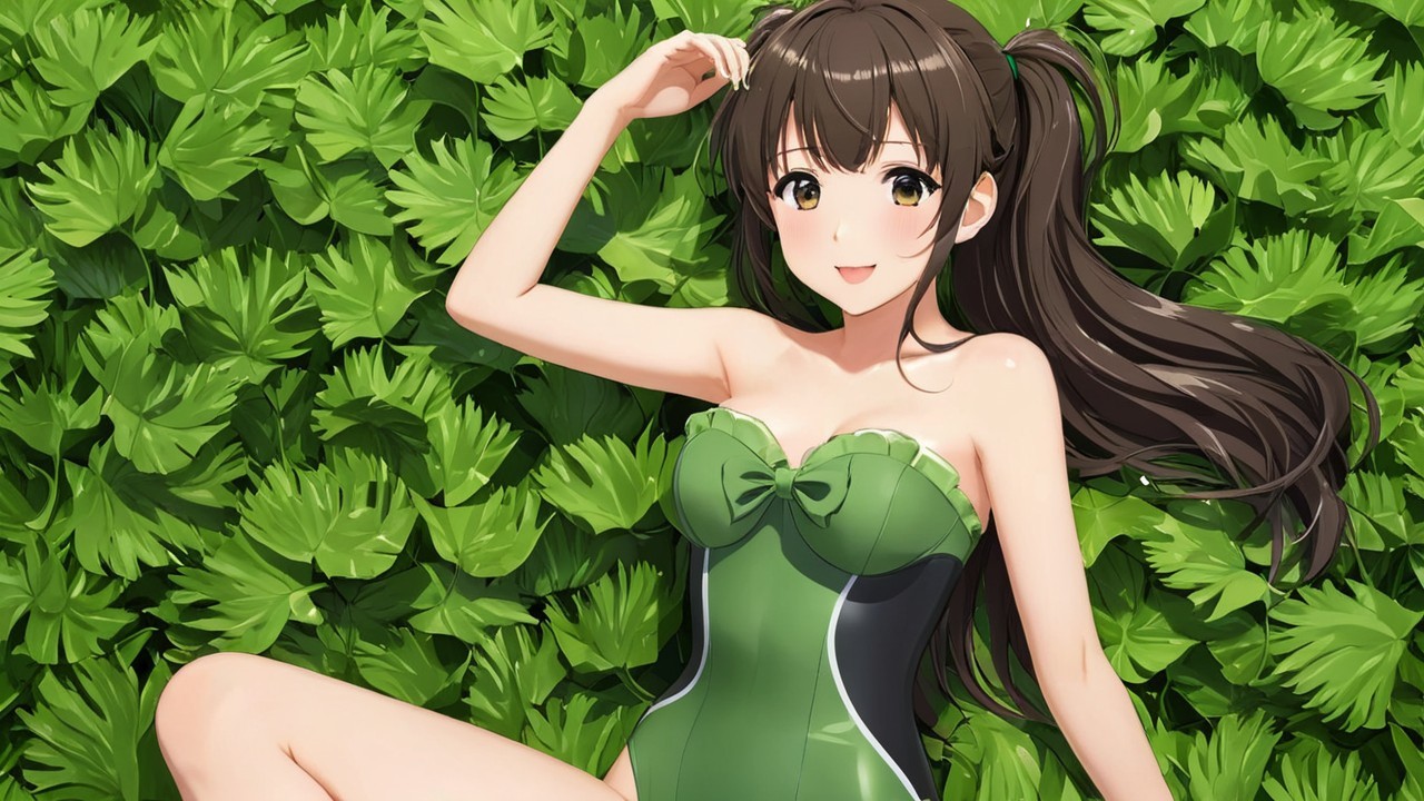 Young Woman in Green Swimsuit on Lush Leaves