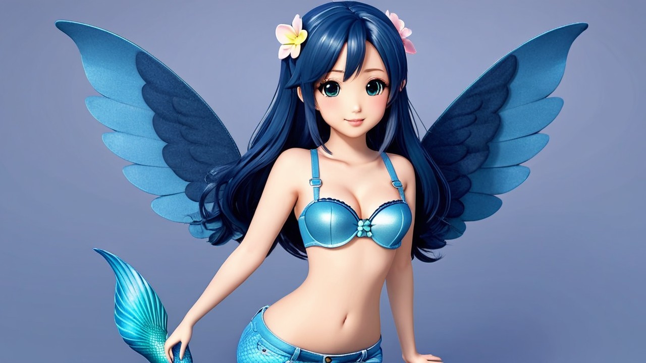 Vibrant Young Woman with Blue Hair and Wings