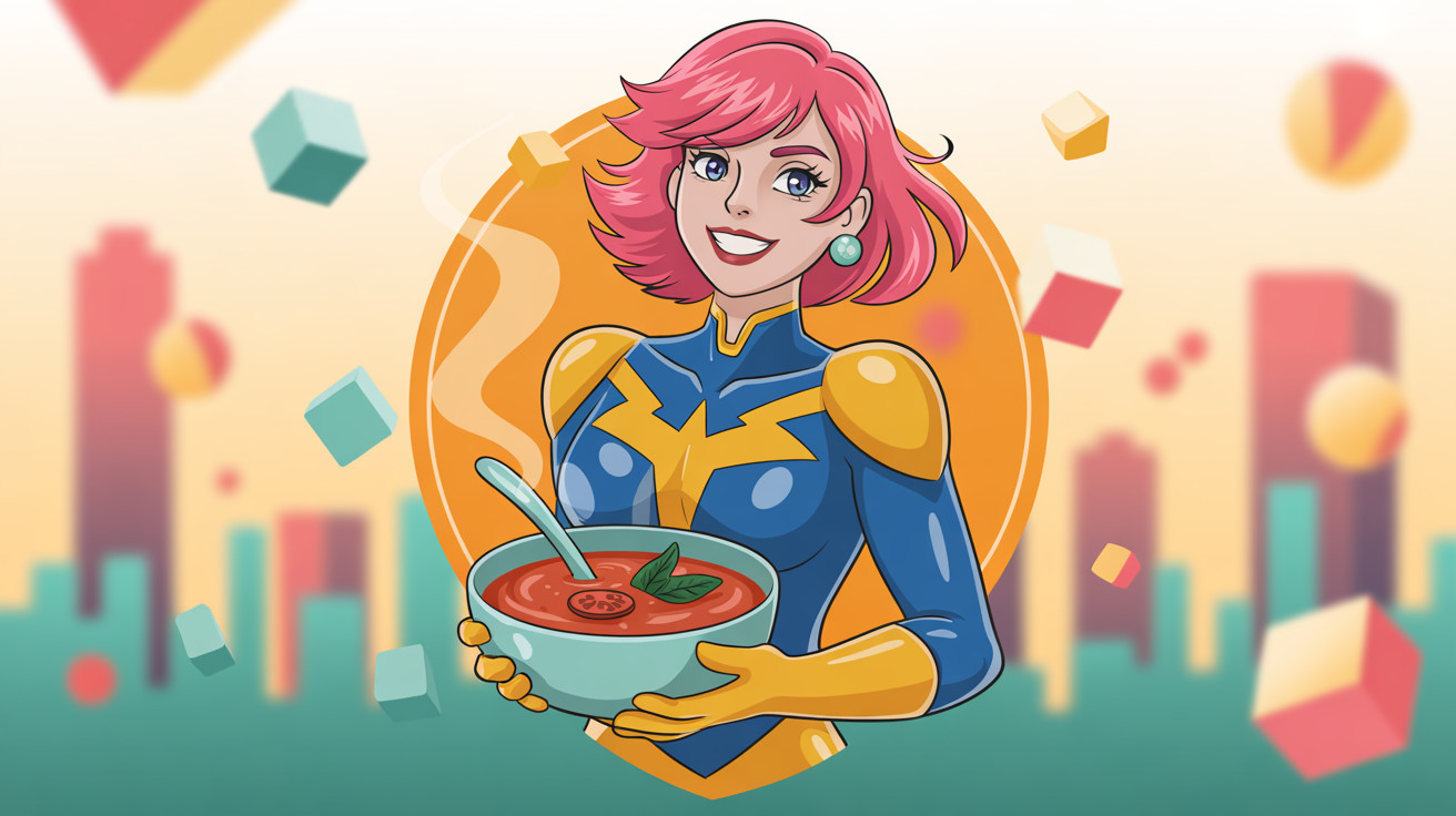 Superwoman with Pink Hair and Tomato Soup Bowl