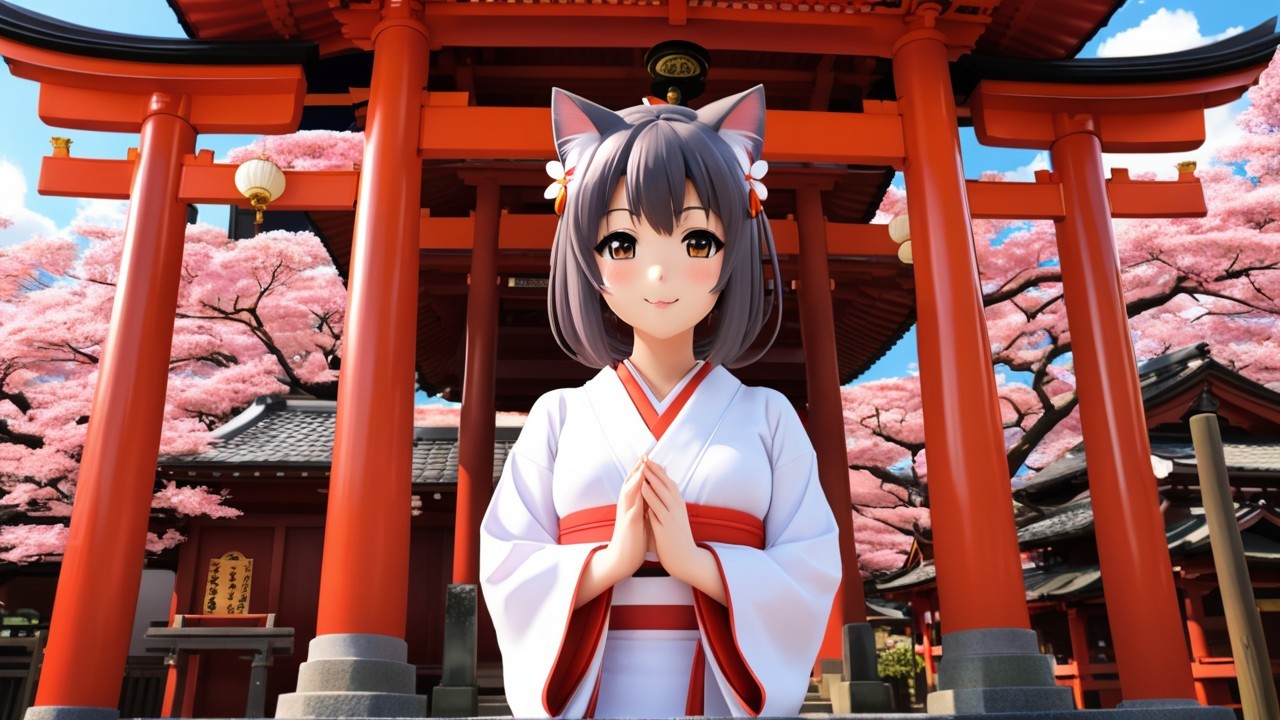 Cheerful anime character at a Japanese shrine with blossoms