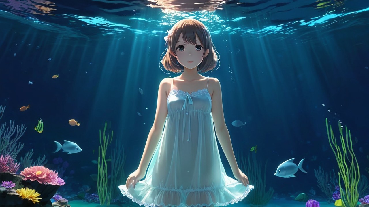 Underwater Scene of a Girl in a White Dress