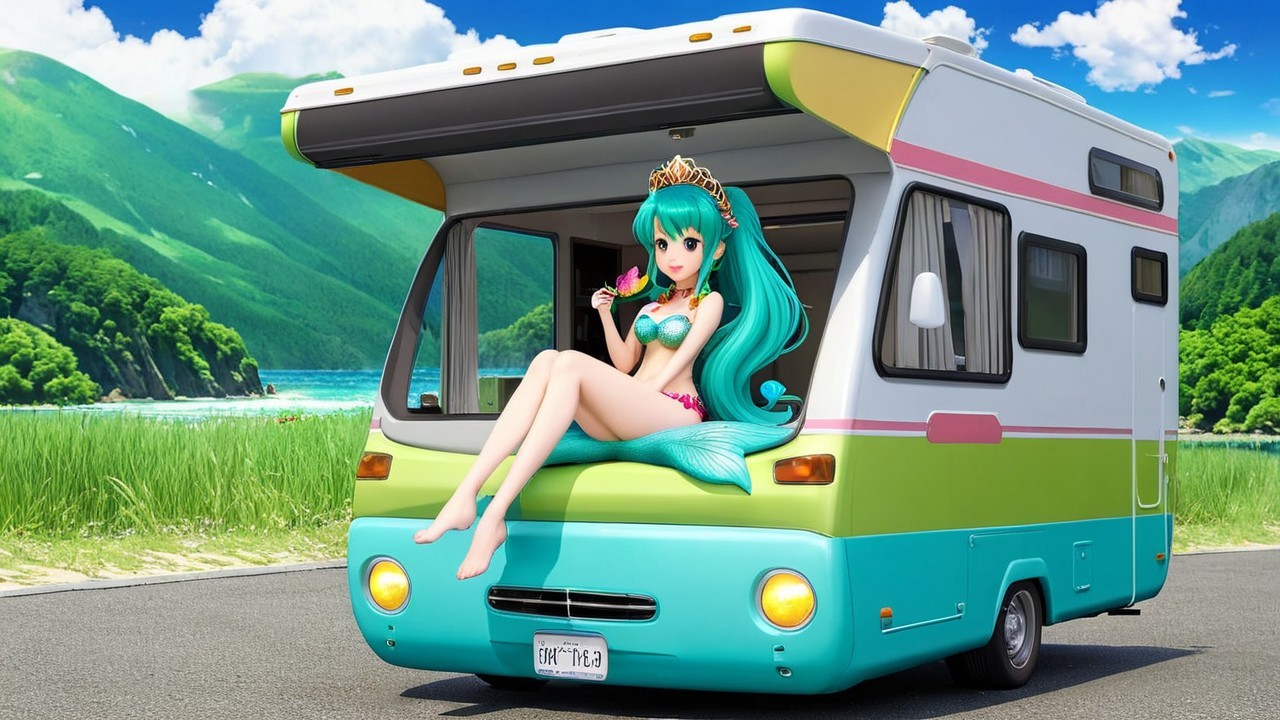 Colorful Camper Van by Scenic Mountains and Lake
