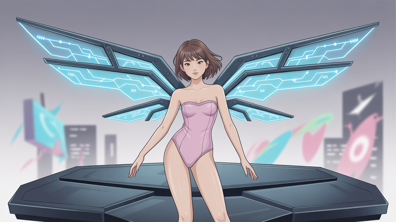 Anime-style woman in pink swimsuit with circuit wings